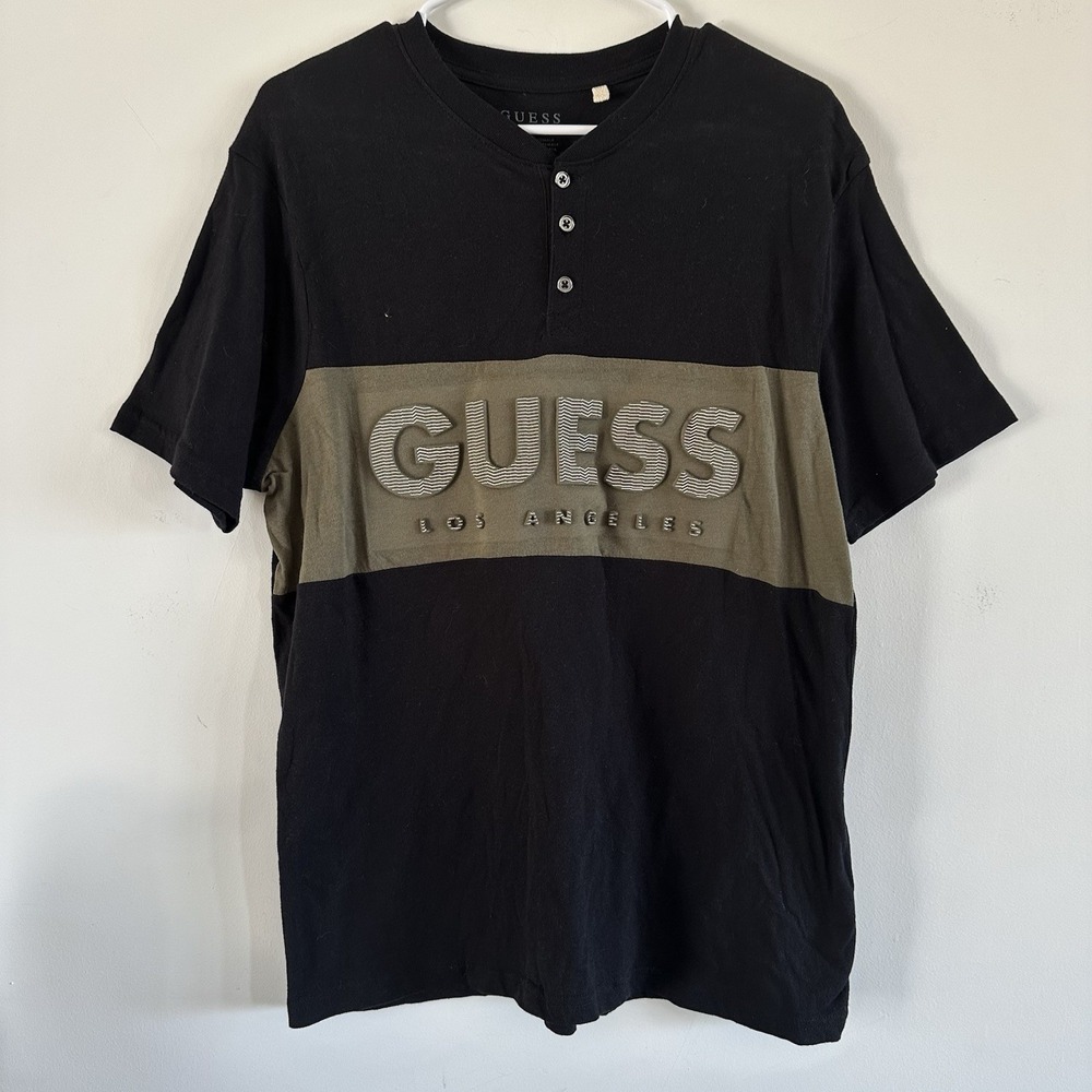 VTG Guess Los Angeles Black Mens Medium Striped Button Up Logo Henley T Shirt